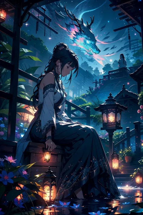 a beautiful, magical night landscape, 1girl sitting in a cozy garden gazebo surrounded by glowing fireflies, delicate flowers, a starry night sky, a peaceful pond reflecting the starlight, a breathtaking celestial view, shooting stars, a sense of wonder an...