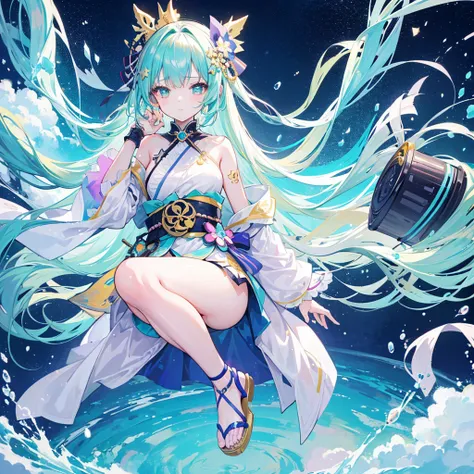 1girl,long side up hair,light gold color hair,star eyes,samurai punk girl coordinate,ribbon accessory,summer sandal,Aqua after the rain world,Water dream paradise,sky A rainbow appears,neon light city rhapsody,face up,World in a bottle
