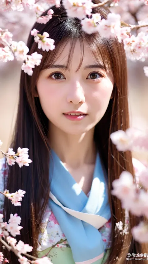 (masterpiece), High quality, 8K, High resolution, Skinny Japanese woman, 30 years old, Cute face:2, detailed face, detailed eyes, standing under cherry blossom trees, cascade of falling cherry blossoms, Japanese kimono