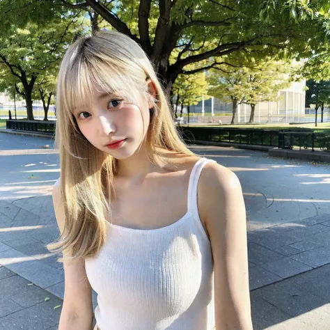 Beautiful Japanese Woman、Blonde、In an empty park、White loose-necked tank top、topless