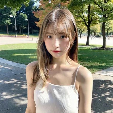 Beautiful Japanese Woman、Blonde、In an empty park、White loose-necked tank top、topless