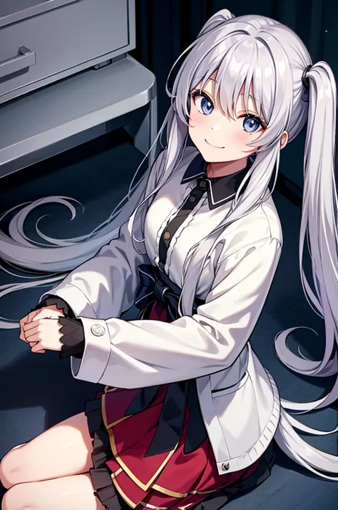 score_9,from above,silver hair, twintails, very long hair, アニメ, best quality, masterpiece、Smile、Checked skirt、look up
