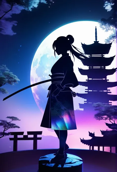  mate piece, Kunoichi, logo, monotony, moon, depth of field, (holographic glow effect:1.3), double exposure, ancient city, silhouette, masterpiece,