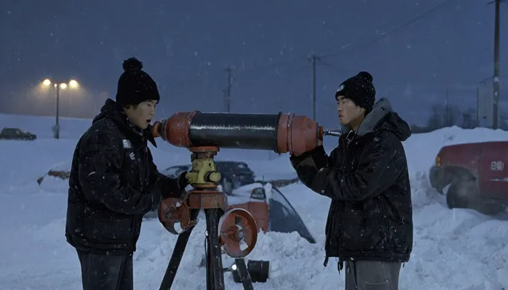 Two 20-year-old men working on a pipeline，Wearing black cotton jacket，Asian，Huge pipe，Use a large wrench，A huge valve that opens half the screen，A huge valve that takes up half of the screen，Painful expression，With cap，Night，Night view，cold，Snow Covered，sn...