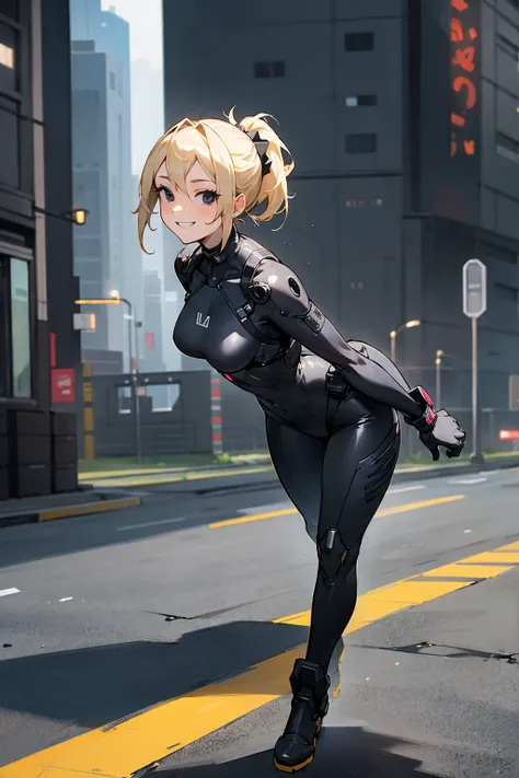 1female, blonde hair, black eyes, ponytail, black bdsm suit, smiling expression, city background, detailed background, detailed face, standing, walking on path, hands to side