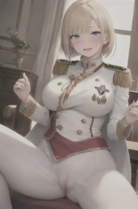 masterpiece, Highest quality, Highest Resolution, Very detailed, One Girl,  army_uniform, uniform, Sitting, have, Epaulettes ,army, white_pants, Blue_Jacket,shako have,Napoleon, Infantry Regiment,青 coat, 青 and white hackle, 青 and white plume, Blonde Bob Cu...