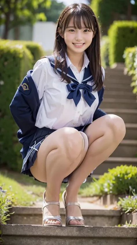 Top quality, high image, 1 woman, 18 years old, school stairs, navy jacket, Medium breasts,white blouse,(plaid miniskirt), cotton panties,upskirt,from below1.3、Smiling beautiful girl、17 years old、Crouched down, looking at me、チェック柄のプリーツスカート、お尻を落として座る