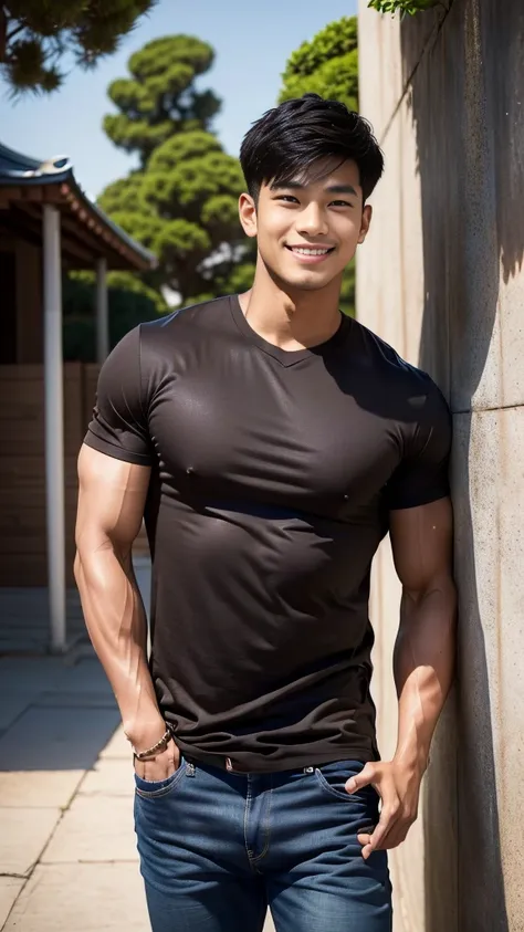 man , brown t-shirt, jeans, black short hair , outdoor , cute smile , หน้าhandsomeแบบเกาหลีสมจริง , modest muscles , masterpiece...