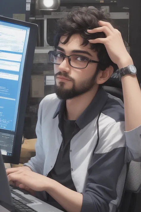 programmer with short, low beard, black glasses transparent lens, and low hair, Using the computer, PixArFK