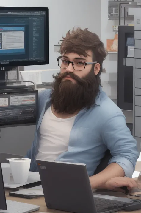 programmer with short, low beard, black glasses transparent lens, and low hair, Using the computer, PixArFK