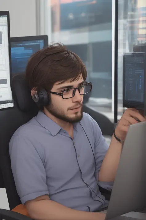 programmer with short, low beard, black glasses transparent lens, and low hair, Using the computer, PixArFK