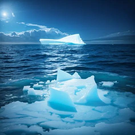 Iceberg floating in cold waters、summer、night、Beautiful Star々、 Art Station Rendering, Ultra-wide-angle lens, High resolution