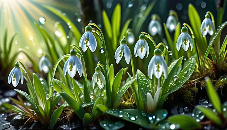 the spring sun shining brightly on the wet grass, snowdrops drooping slightly as if shedding tears of march, reflective petals a...