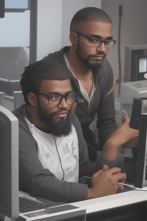 dark-skinned programmer with short, low beard, black glasses transparent lens, and shaved hair, Using the computer, PixArFK