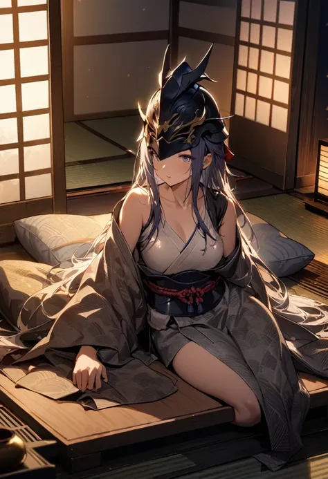 1girl, samurai (final fantasy), final fantasy character, 
lying down relaxed, indoor tatami room scene,
wearing casual yukata or loose kimono,
long hair spread out,
tenugui headband wrapped around head,
Japanese sword placed nearby but not held,
removed sa...