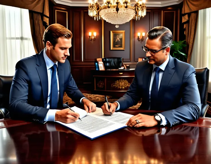 two businessmen negociating a big commercial contract, very detailed, photorealistic, masterpiece, rich environment and decors