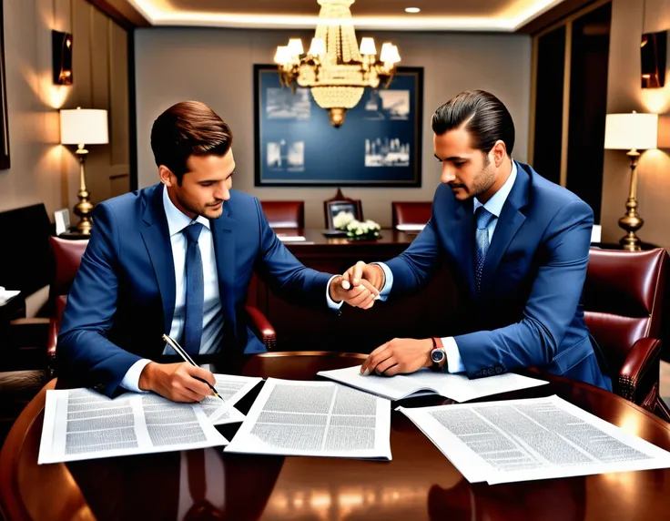 two businessmen negociating a big commercial contract, very detailed, photorealistic, masterpiece, rich environment and decors