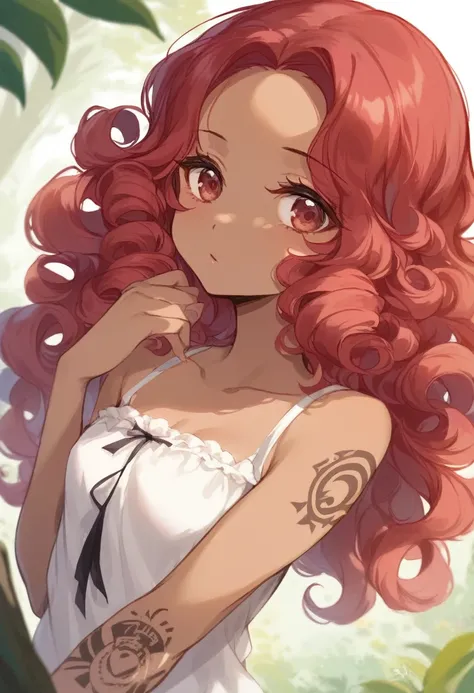 BREAK Perfect Anatomy、(High resolution:1.2)、Incredible illustrations、(Cute illustrations:1.2)、(nsfw) （Beautiful background(forest)) 1 girl(Red hair, long curly hair, red eyes,tattoos, ,tan skin:1.5)(young adult woman:2.0)(Gothic Lolita Cheongsam)