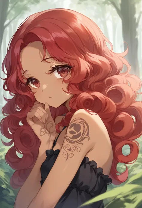 BREAK Perfect Anatomy、(High resolution:1.2)、Incredible illustrations、(Cute illustrations:1.2)、(nsfw) （Beautiful background(forest)) 1 girl(Red hair, long curly hair, red eyes,tattoos, ,tan skin:1.5)(young adult woman:2.0)(Gothic Lolita Cheongsam)