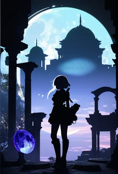  mate piece, YoRHa , logo, monotony, moon, depth of field, (holographic glow effect:1.3), double exposure, ancient ruins , silhouette, masterpiece,