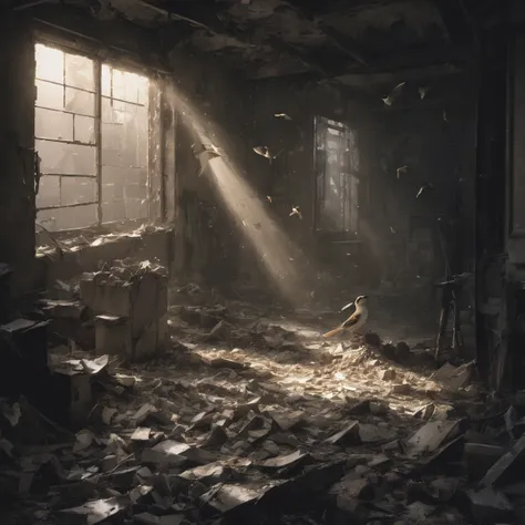 In the rubble、Dimly lit room、Light shines in、sparrow、water