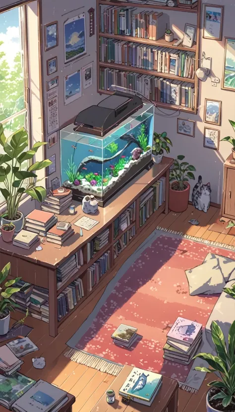 ((anime:1.4,illustration)),(masterpiece, top quality, best quality),(ultra-detailed, absolutely resolution),((16k, high res)). BREAK {lofi art, style of Laurie Greasley, style of Makoto Shinkai, anime aesthetic}, BREAK {There is an small aquarium and house...