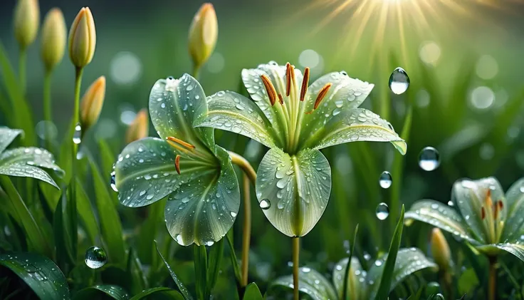 the spring sun shining brightly on the wet grass, the lilies droop slightly as if shedding march tears., reflective petals ampli...