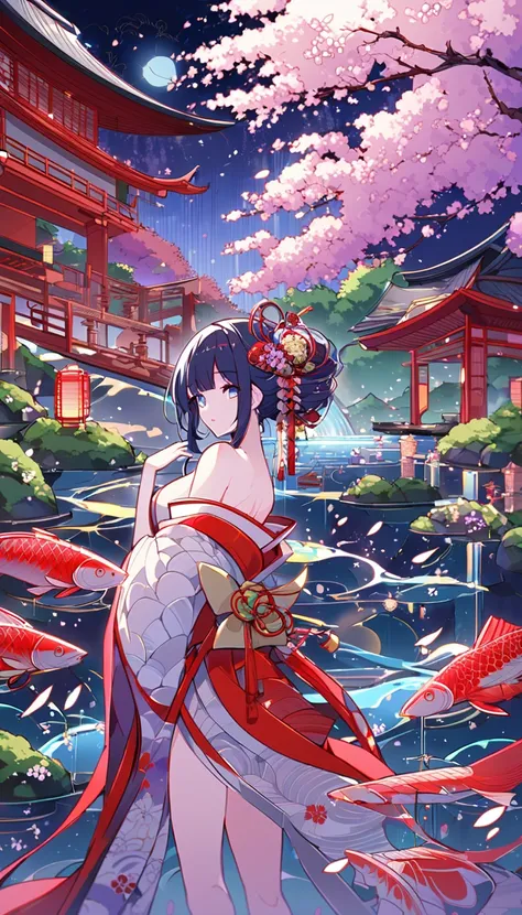 In a futuristic scene, Mechanically Enhanced Japanese Geisha、The elegance of elaborate gardens. She has beautiful delicate eyes and lips that complement her face. Geisha wear traditional kimonos with intricate patterns and designs.。. Around her are bright ...