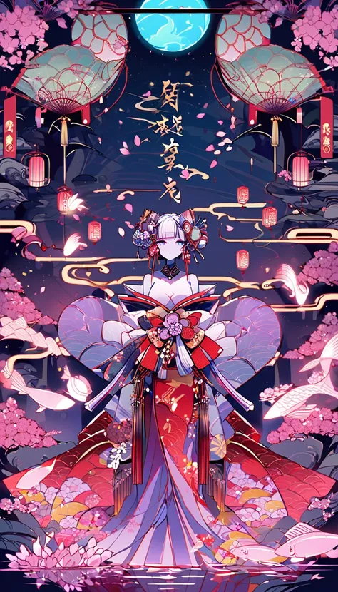 In a futuristic scene, Mechanically Enhanced Japanese Geisha、The elegance of elaborate gardens. She has beautiful delicate eyes and lips that complement her face. Geisha wear traditional kimonos with intricate patterns and designs.。. Around her are bright ...