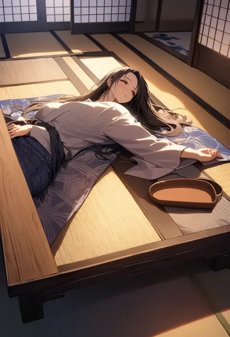 1girl, samurai (final fantasy), final fantasy character, 
lying down relaxed, indoor tatami room scene,
wearing casual yukata or loose kimono,
long hair spread out,
Japanese sword placed nearby but not held,
traditional Japanese room elements (shoji screen...