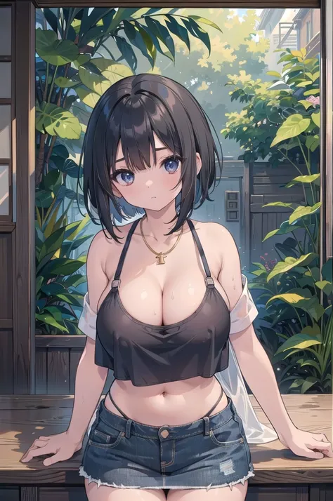 NSFW、(Big Tits、Big Breasts、Transparent breasts)、In town、congestion、belly button、Thigh、(Big Tits、Big Breasts、Transparent breasts)、(Erect nipples、black tank top shirt、black bra top、Low rise、belly button、Navy blue denim short skirt、Micro Mini Skirt、White stri...