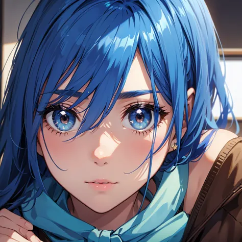 A girl with blue hair and brown eyes with a star as a pupil