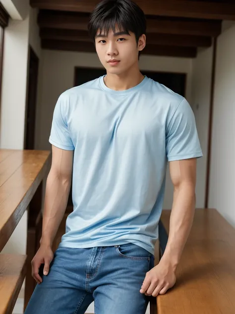 独奏: 1.5, (As a matter of fact, Masterpiece, 8k HD, good light quality, sportswear, fit the face, complicated details), A handsome, muscular young Korean man sits at a table, with muscular arms. , 20 years old, be happy, detailed face, delicate eyes, look a...