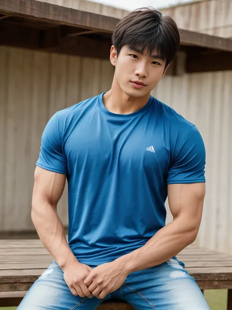 独奏: 1.5, (As a matter of fact, Masterpiece, 8k HD, good light quality, sportswear, fit the face, complicated details), A handsome, muscular young Korean man sits at a table, with muscular arms. , 20 years old, be happy, detailed face, delicate eyes, look a...