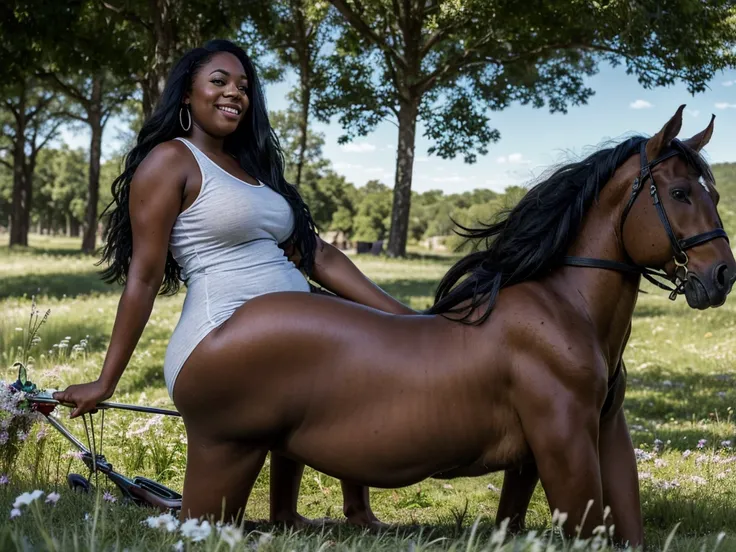 full front view of a very full-figured  BBW woman riding astride  a large draft horse, booty shorts, jeans, white tank top,  long hair, smiling, dark skin, . shallow depth of field, highly detailed, high budget,   moody, epic. grass meadow. ((cartoon style...