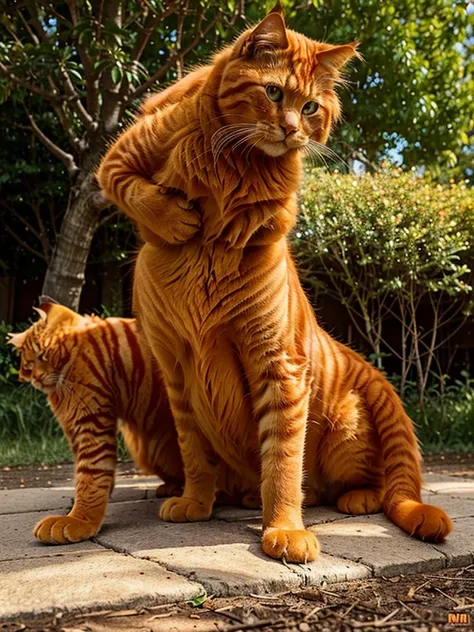 there is a cat sitting on the ground in front of a tree, an orange cat, awesome cat, ginger cat, orange cat, orange fluffy belly, garfield the cat, anthropomorphic large maine coon, the cat is orange, persian cat, maine coon, doing a majestic pose, fluffy ...