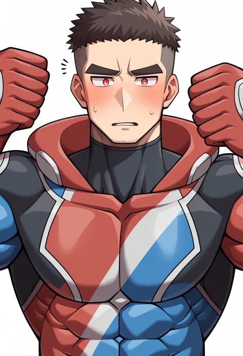 anime characters：Gyee Priapus, Muscle Sports Student, Manliness, male focus, Compression bodysuit, Red black high collar long sleeve tight diving suit, Very tight, Regular symmetrical pattern, full and perky chest muscles, muscular male, muscular, only, Up...