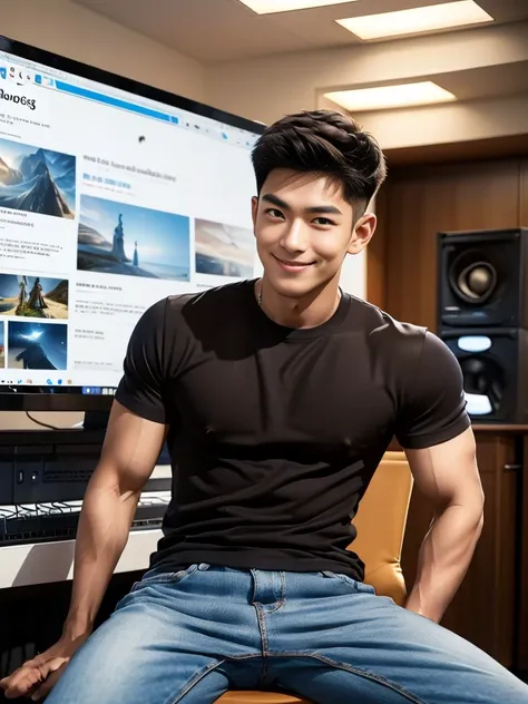 man , Brown t-shirt, jeans, black short hair , outdoor , cute smile , หน้าhandsomeแบบเกาหลีสมจริง , modest muscles , Masterpiece、High resolution、Surreal、detailed face、alone、man、Glowing skin、(Asia)、handsome、(Sitting in the computer room:1.5)