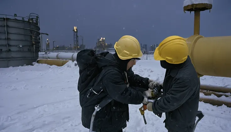 Two 20-year-old men working on a pipeline，Wearing black cotton jacket，（Yellow safety helmet:1.5)，Asian，Huge pipe，Use a large wrench，A huge valve that opens half the screen，A huge valve that takes up half of the screen，Painful expression，With cap，Night，Nigh...