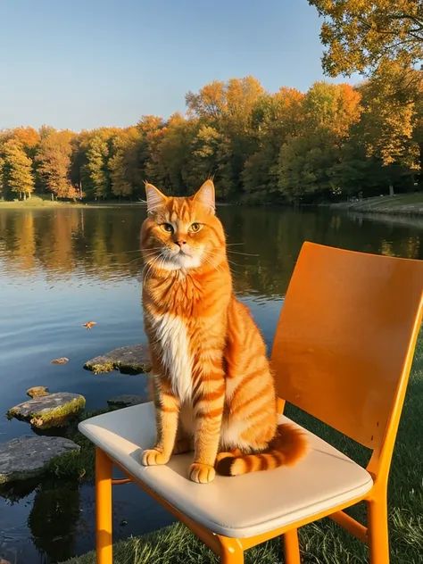 there is a cat sitting on the chairs in front of a lake, an orange cat, awesome cat, ginger cat, orange cat, orange fluffy belly, garfield the cat, anthropomorphic large maine coon, the cat is orange, persian cat, maine coon, doing a majestic pose, fluffy ...