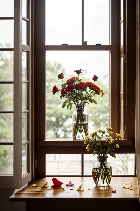 a vase of flowers rests on a wooden table facing the window. the view outside the window looked vague. also seen some fallen flower petals scattered on the wooden table