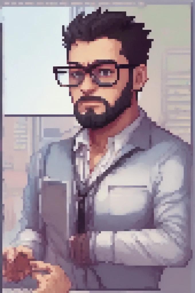 dark programmer , with a short, low beard, black glasses transparent lens, and short shaved hair, using the computer, pixarfk