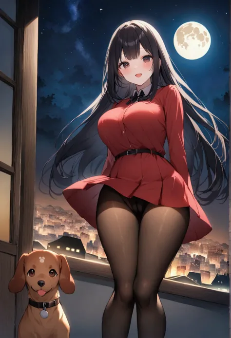 Dog 1、Woman 1、Red miniature dachshund、Red miniature dachshund long hair、dog&#39;color is red、woman with very long black hair、Busty women、Spectacular views、Night Scene、The view from the top of the hill、Full moon night sky、swirling starry sky、８K、Best Quality...