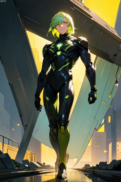 1male, light green hair, medium length hair, yellow eyes, grinning, black super suit, metallic suit, city background, detailed background, detailed face, standing, walking on path, hands to side