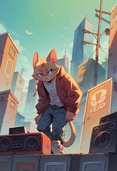 Cat, hip hop clothes, boombox, rooftop gta v ĺoading screen art,