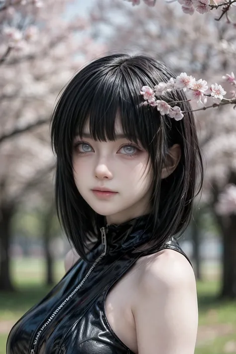 tmasterpiece， Best quality at best， 1girll， Hinata Hyuga ， Large breasts，Off-the-shoulder attire，（cleavage)，（upperbody closeup)，Raised sexy，is shy，ssmile，with black hair， long whitr hair， （Green eyeballs:1.4)， Forehead protection， the cherry trees，Cherry b...