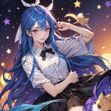 A girl with long blue hair and brown eyes with a star as a pupil, with a purple pet fox 