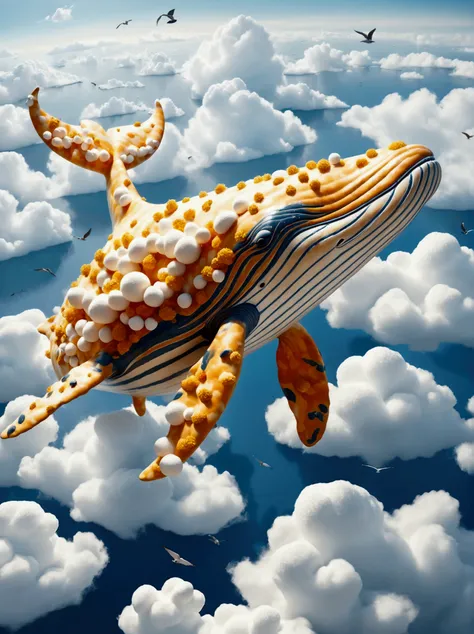 (((A colossal whale made of marshmallow-like white clouds))), (((whales body entirely covered in fluffy white clouds))), (((soaring through the sky))), dreamy world, flying in the sky, iron towers on the ground, (birds-eye view:1.3), (best quality, 8k, hig...