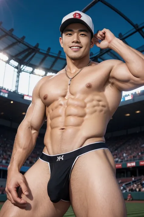 1 handsome Japanese bodybuilder guy，smirking smile, swelling muscle, front double biceps pose, White skin，slim fit muscular boy, Abs, chest muscle，musculous,  hairy bodies, wearing nothing, only a black micro thong, Baseball cap, Baseball stadium, Baseball...