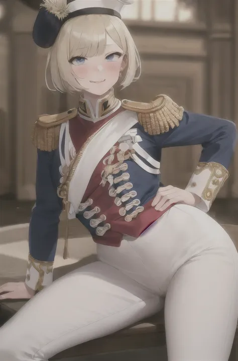 masterpiece, Highest quality, Highest Resolution, Very detailed, One Girl,  army_uniform, uniform, Sitting, have, Epaulettes ,army, white_pants, Blue_Jacket,shako have,Napoleon, Infantry Regiment,青 coat, 青 and white hackle, 青 and white plume, Blonde Bob Cu...